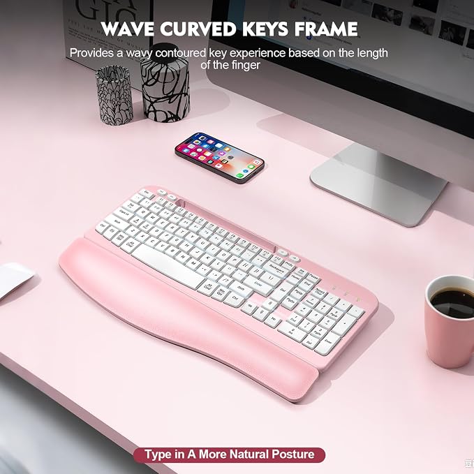 EAYBLLY 2.4G Wireless Ergonomic Keyboard, Full Size Wave Keys with Memory Foam Wrist Rest & 7.28in Phone Holder, USB-C Adapter Included for Windows Mac Chrome OS, Office or Home (Pink) - Image 7