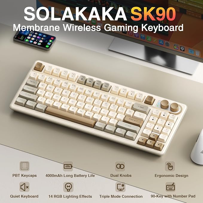 SOLAKAKA SK90 75% Wireless Gaming Keyboard - 4000mAh Tri-Mode (BT5.0/2.4G/USB-C) Cute Creamy Gaming Keyboard with Number Pad, Media Knob, RGB Backlit, Quiet Keys Silent Office Keyboards for PC MAC - Image 2