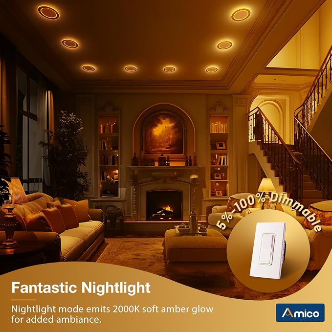 Amico 12 Pack 6 Inch 5CCT LED Recessed Light with Double Ring Night Light | 2700-5000K Selectable Ultra-Thin Recessed Ceiling Lighting, 12W=110W, 1100LM, Dimmable Canless Wafer Downlight, ETL, FCC - Image 6