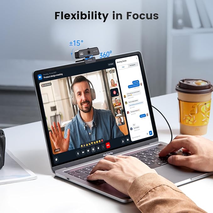 4K Webcam for PC & Mac with USB-C Adapter, 90° Wide-Angle Computer Camera with Microphone, Auto Light Correction, 360° Rotating Plug-and-Play Webcam for Zoom and Teams - Image 7