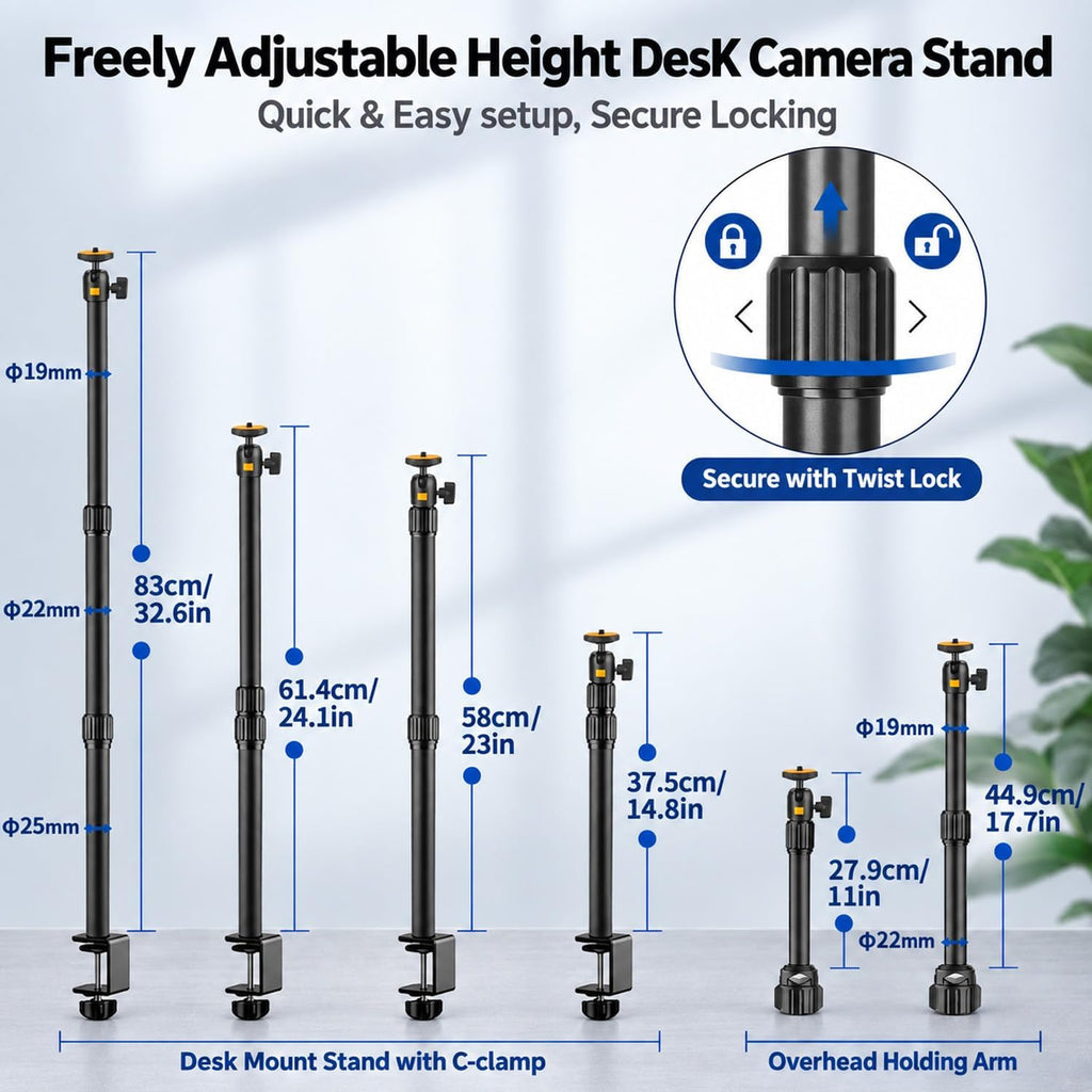 Camera Desk Mount Table Stand with Boom Arm and 1/4" Ball Head, Phone Desk Mount, Overhead Webcam Mount, Adjustable Light Stand Tabletop C Clamp for DSLR Ring Light Live Streaming Photo Video - Image 3