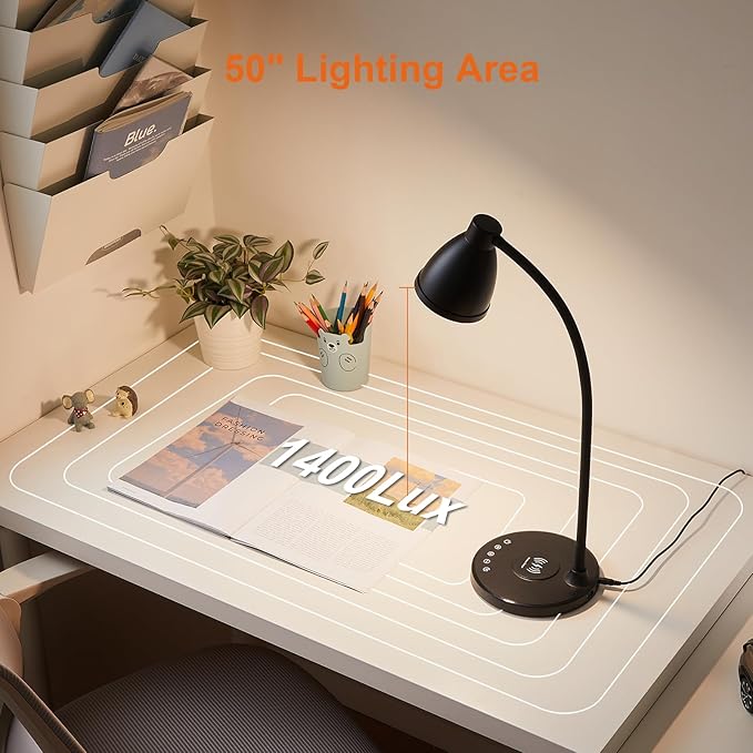 BOHON Desk Lamp for Home Office with USB C+A Charging Ports Timer Black | LED Desk Light with Wireless Charger 5 Colors Stepless Dimming Reading Light Touch Bedside Table Lamp for College Dorm Room - Image 6