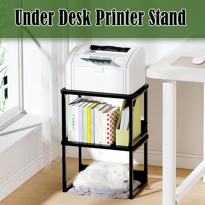 MARTY Desktop Printer Stand 2 Pack Printer Shelf for Desk Home/Office,Black | Small Printer Stand for Desk, Printer Riser with Storage, Monitor Riser, Under Desk Small Table for Fax Machine Scanner - Image 6