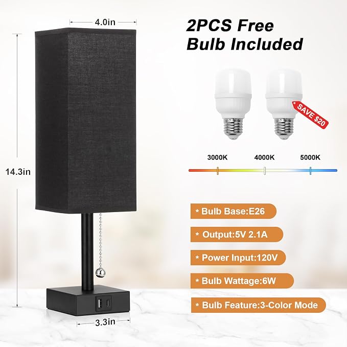 Set of 2 Black Bedside Table Lamps for Bedroom - Nightstand Lamp, USB C+A | Pull Chain Lamp, 3 Color Modes(3000K/4000K/5000K), E26 LED Bulb Included, Square Black Fabric Lampshade, for Read, Work, Dorm - Image 3