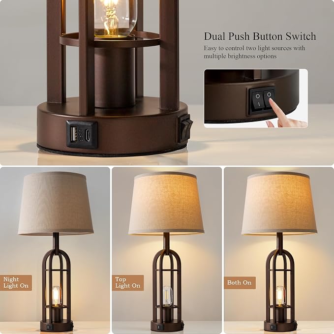 SRJJA Table Lamps for Living Room End Table Set of 2 - Farmhouse Industrial Bedside Lamps for Bedroom Nightstand with Nightlight and USB A+C, 4 Bulbs Included - Image 2