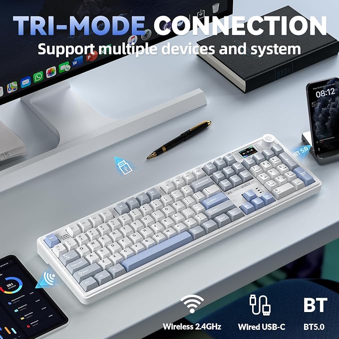 LINGBAO K108 Pro Wireless Mechanical Creamy Keyboard with Number Pad & Knob | Full Size Mechanical Keyboard with 10000mAh Battery, PBT Keycaps, Gasket Mount, RGB Backlit Hot-swap Custom Keyboard for PC - Image 3