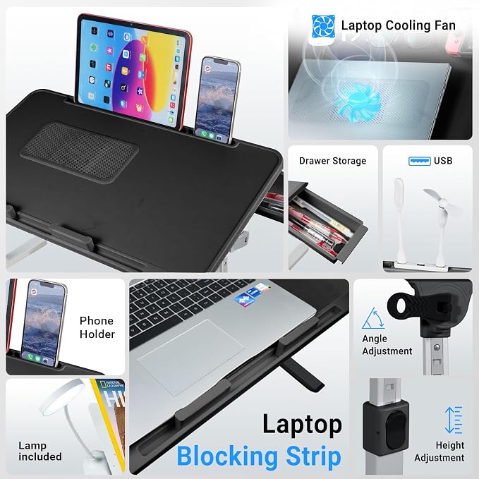 Adjustable Laptop Lap Desk with Cooling Fan USB Light for Adults 56 * 32cm,Black - Image 3