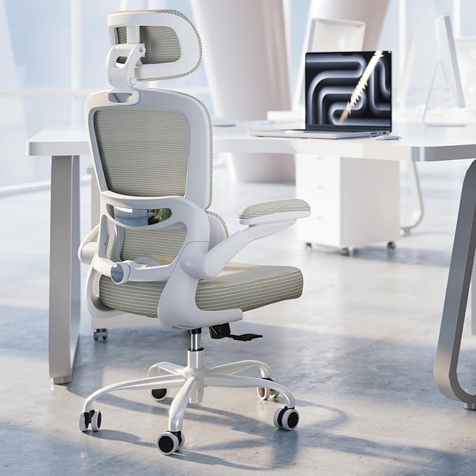 TRALT Ergonomic Office Chair Desk Chair with Adjustable Lumbar Support | Home Office Desk Chairs with Flip-up Armrests & 3D Headrest - Mesh Gaming Chairs for Adults, 330lbs, PU Leather (Beige, 1) by TRALT