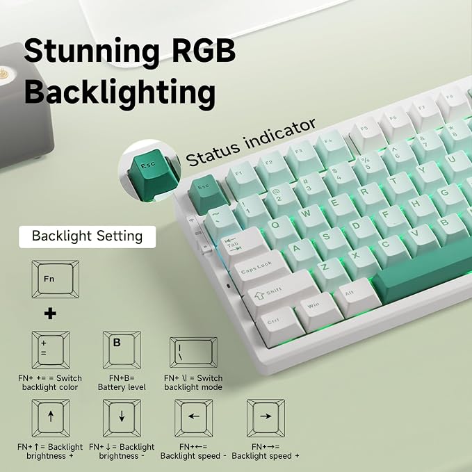 MCHOSE G75 PRO 75% Wireless Mechanical Keyboard, TKL Keyboards Tri-Mode BT5.0/2.4GHz/USB-C, Hot Swap Custom Creamy Keyboards Linear Switch, Double Shot PBT Keycaps RGB LED Backlit, White&Green - Image 7
