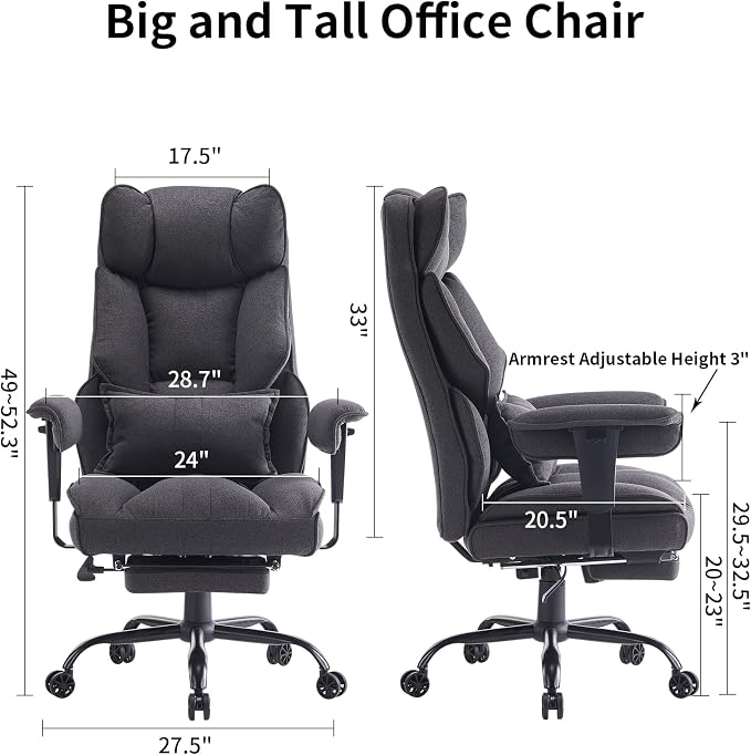 Efomao Fabric Office Chair, Big and Tall Office Chair 400 lb Weight Capacity, High Back Executive Office Chair with Foot Rest, Ergonomic Office Chair for Back Pain Relief, Dark Grey | 400lbs support, 135° recline, dual-layer foam cushion, 23.5" seat & ... - Image 2