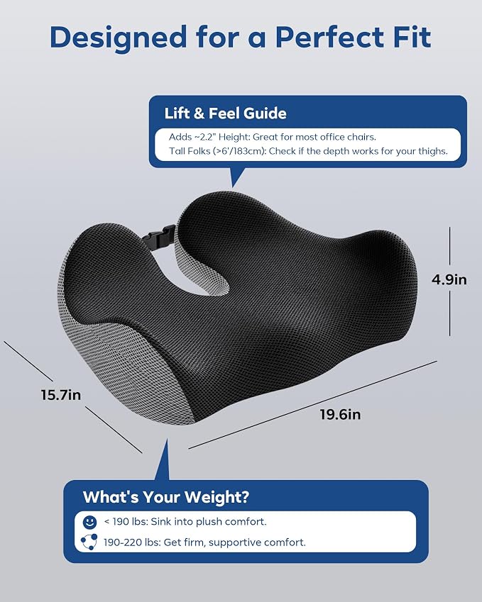 Seat Cushion - Memory Foam Ergonomic Seat Cushion -for Long Sitting | Seat Cushion for Tailbone Pain Relief - for Desk Chair, Car& Wheelchair Car Seat Pad for Hip and Lower Back Comfort Gray - Image 4