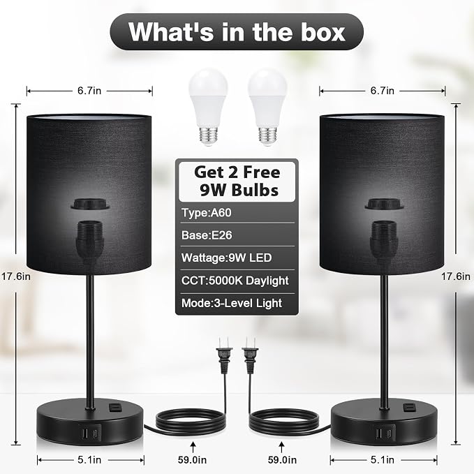 17.6" Black Touch Lamps for Bedroom Set of 2 - Dimmable, USB C+A, AC Outlet | Large 17.6" Tall Lamp, 3-Way Dimming, 5000K Daylight Bulbs, Black Lampshade Black Base, for Living Room, Boys, Men, Girls - Image 4