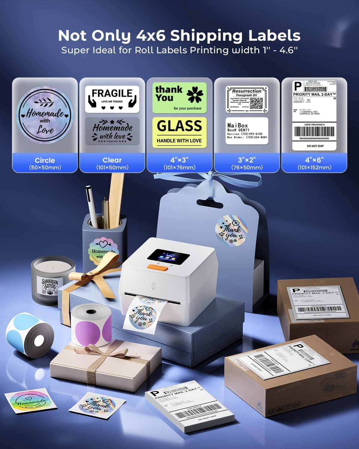 Phomemo Thermal Label Printer with Touchable Screen, 4x6 Bluetooth Shipping Label Printer with Built-in Label Holder, D420D White Thermal Printers for Small Business, Compatible with USPS, Tiktok - Image 8