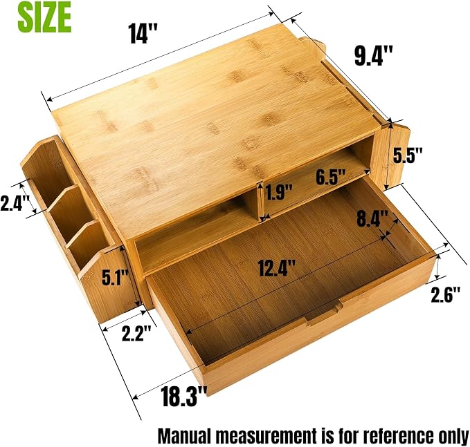 Hiceeden 2 Tier Bamboo Desktop Organizer, Desk Monitor Stand Riser with 1 Drawer and 2 Pen Holder, 2 Compartment Computer Desk Storage Organizer for Laptop, Printer - Image 2