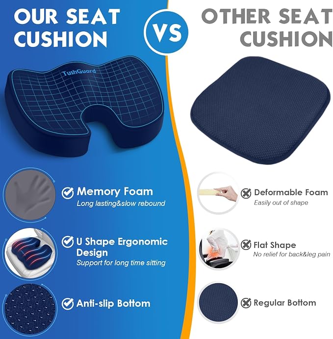 Seat Cushion for Office Chair, Car, Memory Foam, Blue Large | For Back, Coccyx, Sciatica, Tailbone Pain, Ergonomic Design, Non-Slip, Desk Wheelchair Use, Supportive Butt Pillow, For Man - Image 4