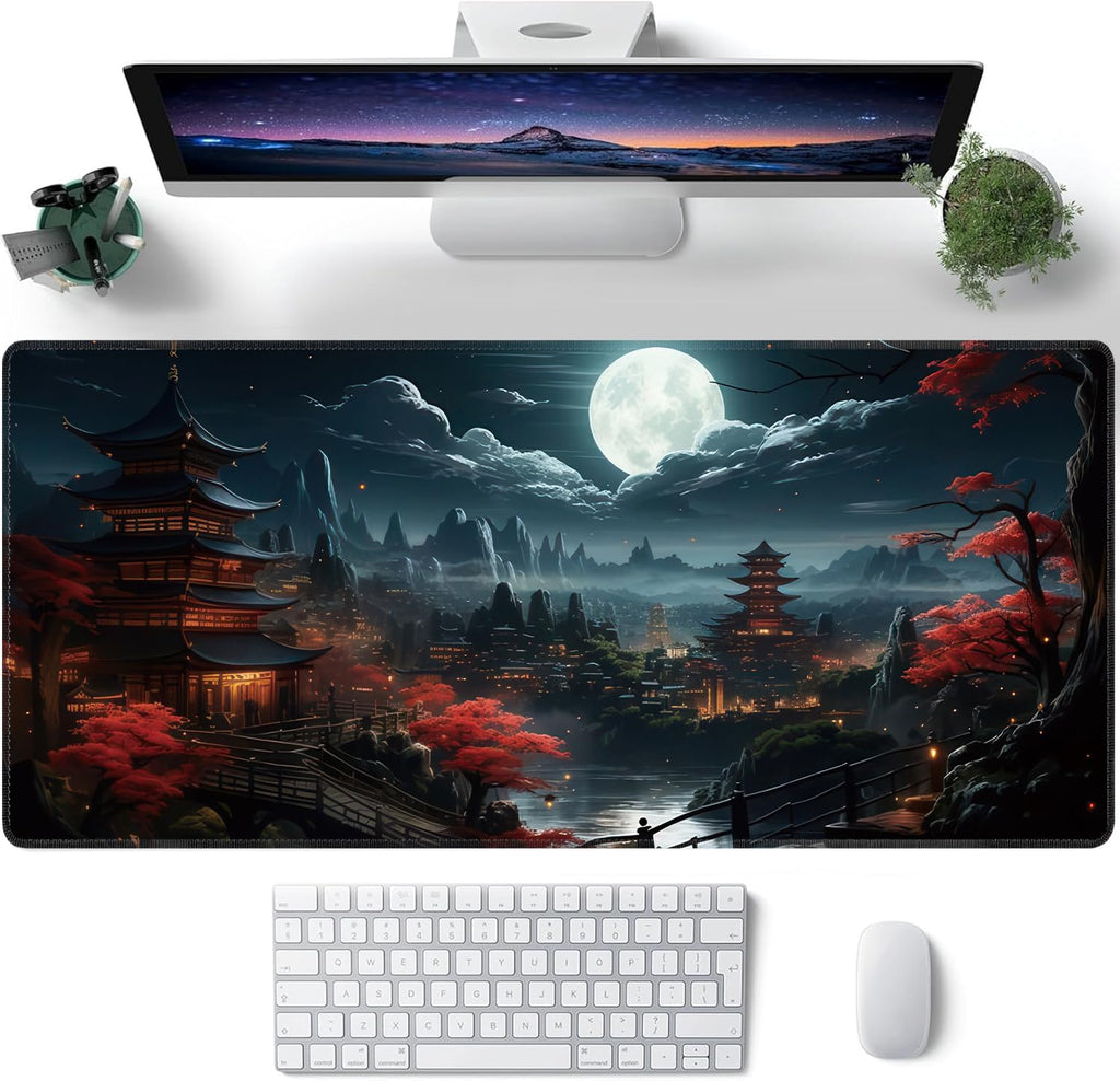 Japanese Full Moon Large Mouse Pad,Gaming Keyboard Desk Pad,Extended Mouse Mat Non-Slip Rubber Base with Stitched Edges for Office Game Home XXL 35.4"x15.7" - Image 2