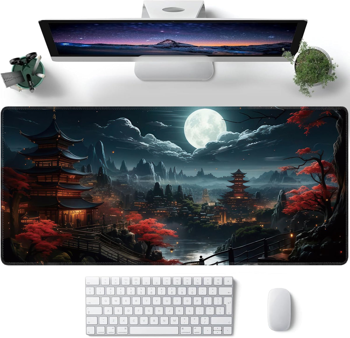 Japanese Full Moon Large Mouse Pad,Gaming Keyboard Desk Pad,Extended Mouse Mat Non-Slip Rubber Base with Stitched Edges for Office Game Home XXL 35.4"x15.7" - Image 2