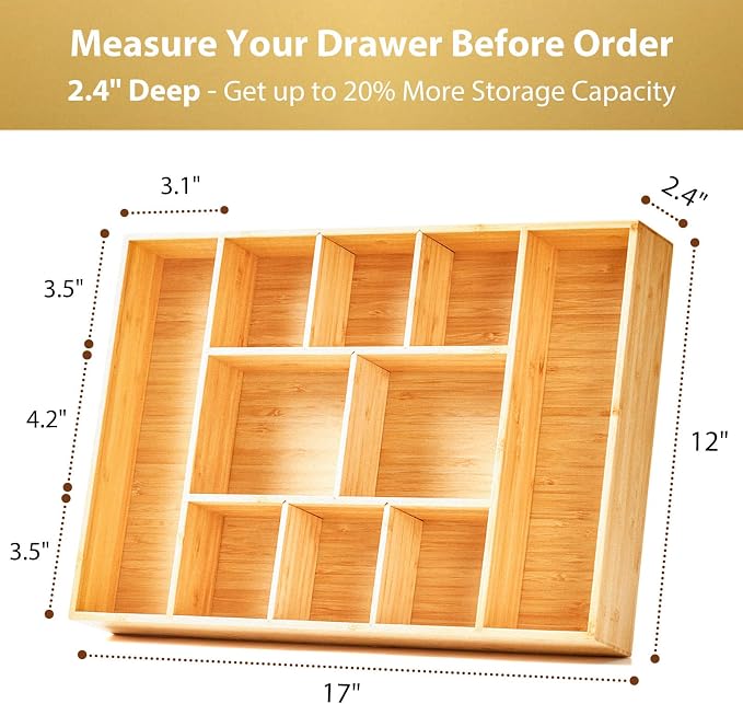 Extra Large Bamboo Desk Drawer Organizer, Wood Junk Organizer Tray with Adjustable Dividers, Anti-Skip Storage Organization in Office Bathroom Drawer for Vanity, Makeup, 17" x 12" - Image 4