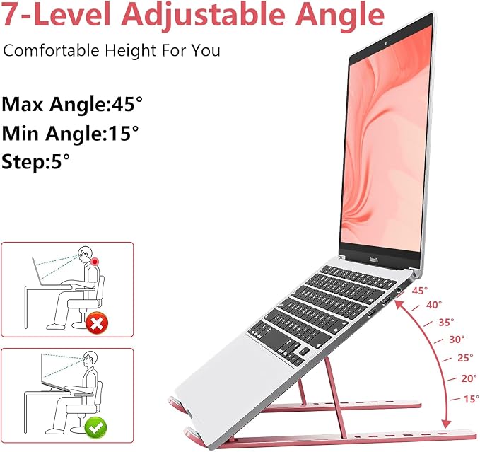 Laptop Stand for Desk, Aluminum Metal MacBook Stand，Computer Riser for Desk, Portable Foldable Adjustable Notebook Holder, Compatible with 10-15.6 Inch Laptops, iPad, Rose Gold. - Image 2