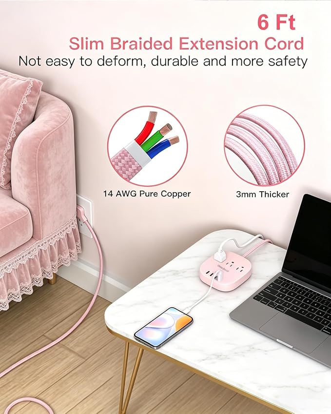 Cruise Ship Travel Essentials, 22.5W/4.5A Flat Plug Power Strip, Pink | 3 Outlets 4 USB Ports (2 USB C),Power Strip No Surge Protection for Cruise Ship, Home Office Dorm Room Travel Essentials - Image 6
