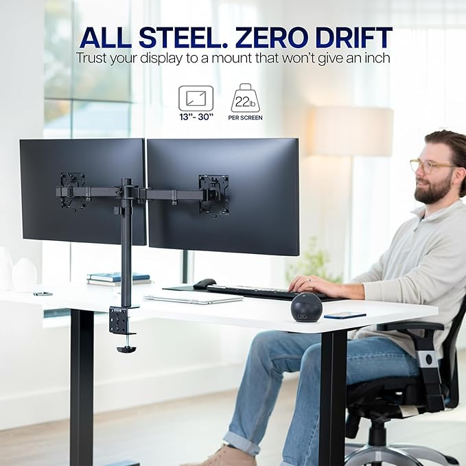 VIVO Dual Monitor Desk Mount, Holds 2 Computer Screens up to 30 inches and 22lbs Each, Heavy Duty Fully Adjustable Steel Stand with C-Clamp and Grommet, Black, STAND-V002 | Black, Articulating, Adjustable Monitor Arm, Grommet or C-Clamp Mounting, Compu... - Image 2