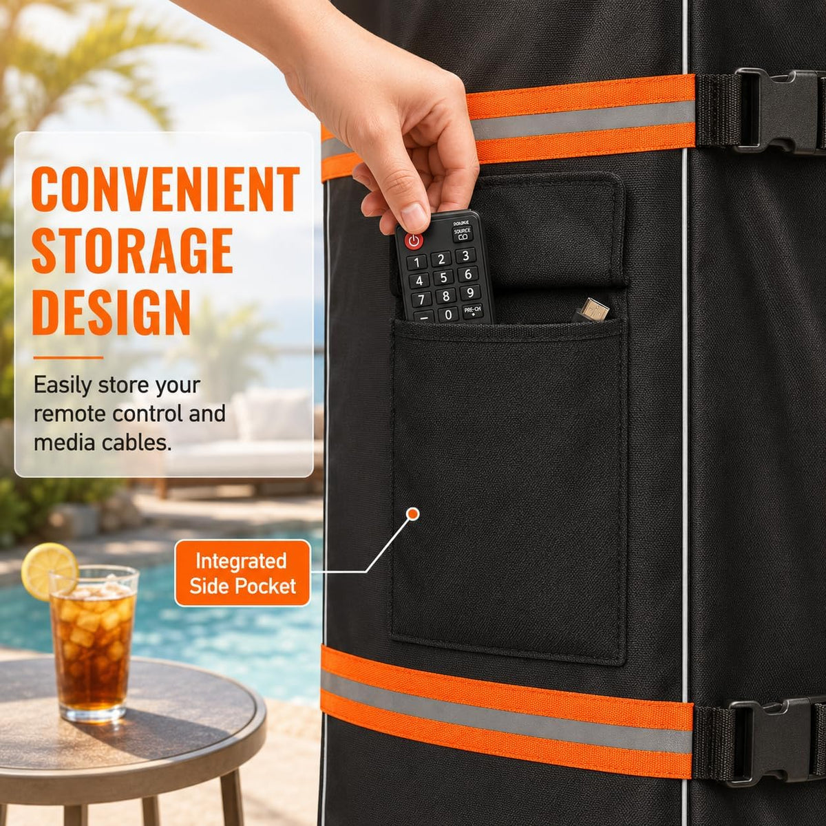 Outdoor TV Trolley Cover for 55-60 Inch Screen, Heavy Duty 600D Waterproof Rolling TV Stand Cover, Weatherproof Mobile TV Cart on Wheels Protector with Remote Pocket, Black 55"x15"x57" - Image 4