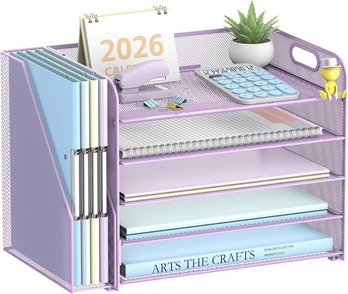 5-Tier Desk Organizer with File Holder, Paper Organizer for Desk, Purple | 5 Letter Trays and Vertical File Holder with Metal Mesh Frame for Papers Folders Books and Mail in Office Home or School by SUPEASY