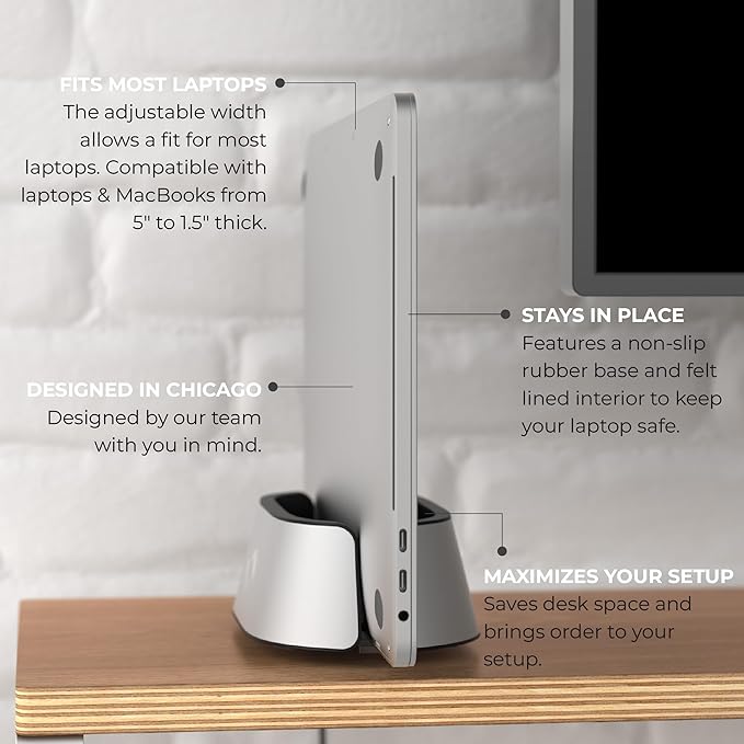 HumanCentric Vertical Laptop Stand in Silver Aluminum, Adjustable | Upright Holder & Dock, Fits MacBook Pro & Laptops .5" to 1.5", Clamshell Compatible, Laptop Vertical Stand - Image 3