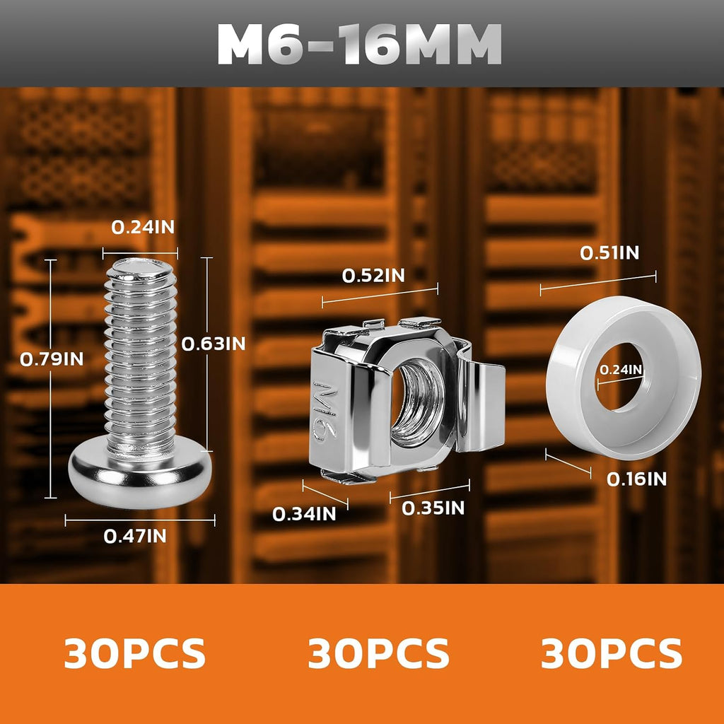 M6 x 16mm Rack Screws Kit, Cage Nuts, 30 Sets, Silver - Image 3