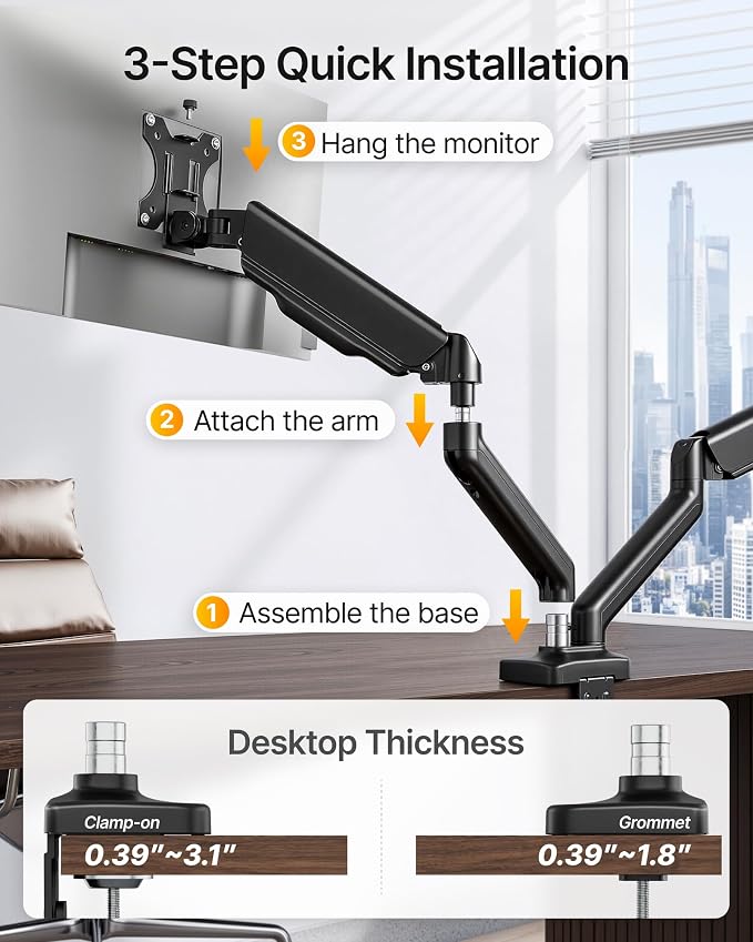 monTEK Dual Monitor Arm with USB Ports for 17-32" Screen up to 19.8 lbs | USB/audio ports for workspace, mechanical spring, full motion for flat/curved screens, clamp/grommet bases and VESA 75/100 - Image 7
