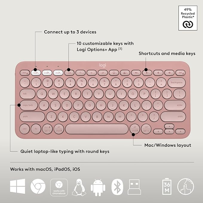 Logitech Pebble 2 Combo Wireless Keyboard and Mouse Quiet - Tonal Rose | Quiet and portable, customizable, Logi Bolt, Bluetooth, Easy-Switch for Windows, macOS, iPadOS, Chrome - Image 6
