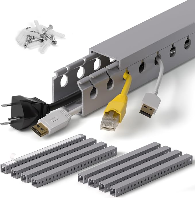 1.2"H x 1.2"W Cable Raceway, 132in Under Desk Wire Management Channel, Grey | Slotted Wire Duct, 8Pack, 16.5in Each, Heavy-Duty PVC Cable Management for Server Racks, Network Cables & Electrical Cabinets by ZhiYo