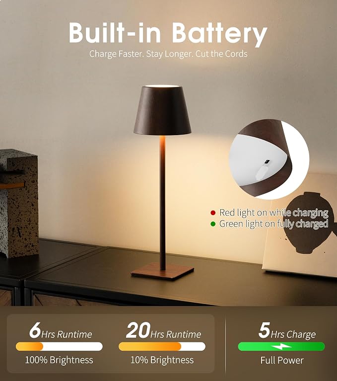 UME 3 Pack Cordless Table Lamp, Battery Operated Lamp - Portable Waterproof Rechargeable Table Lamp w/ 3 Color Temps & Stepless Dimming for Dinner, Desk, Cafe, Outdoor (Woodgrain) - Image 5