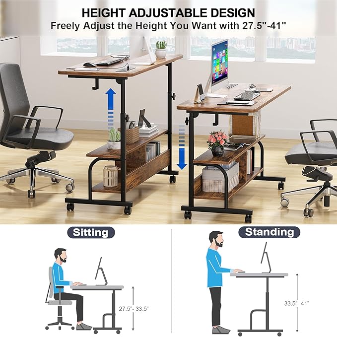 47" Rolling Standing Desk with Charging Station for Couch Bed | Height Adjust 27.5-41", 2 AC/3 USB, Mobile 4 Lockable Wheels, 2-tier Shelves Hook, Safe Corner Fast Assembly - Image 6