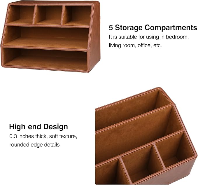 PU Leather Desk Organizer, Remote Control Holder, Brown | Luxury Nightstand Organizer for Home, Office Desk Accessories, Bedside Table Caddy with 5 Compartments, Velvet Lining - Image 5