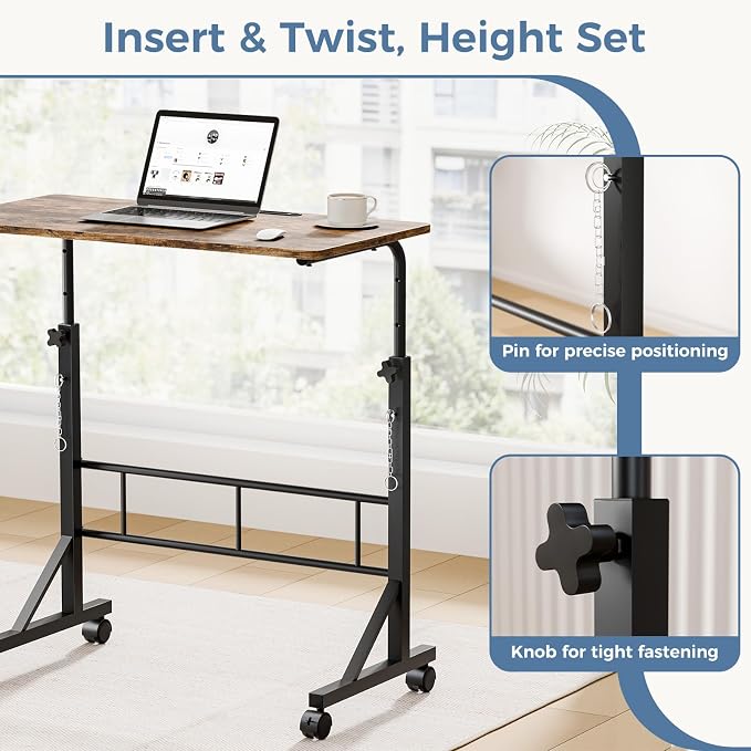 DUMOS 31.5" Walking Pad Desk, Laptop Desk, Home Office | Lockable Wheels, Adjustable Height, Portable Rolling Design, Treadmill Use, Stand Up Style, Rustic Brown - Image 6
