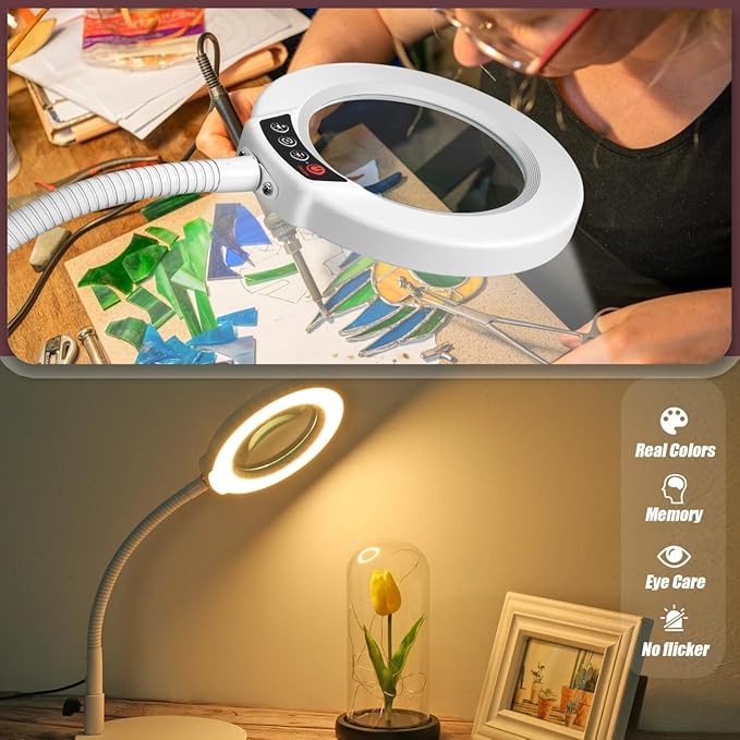 10X Magnifying Glass with Light and Stand, 5 Color Modes Stepless Dimmable LED Lighted Desk Lamp, Hands Free Flexible Gooseneck Magnifier with Light for Craft Hobby Painting Close Work - White - Image 6