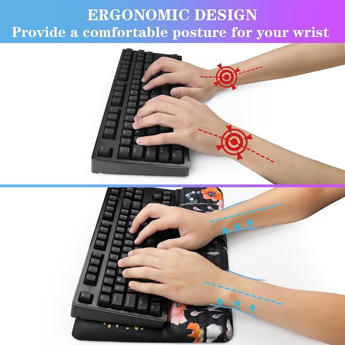Computer Keyboard Stand with Wrist Rest, Ergonomic Tilted Keyboard Holder - Keyboard Riser with Wrist Pad - Keyboard Tray Support for Office Home - Black Flowers - Image 3