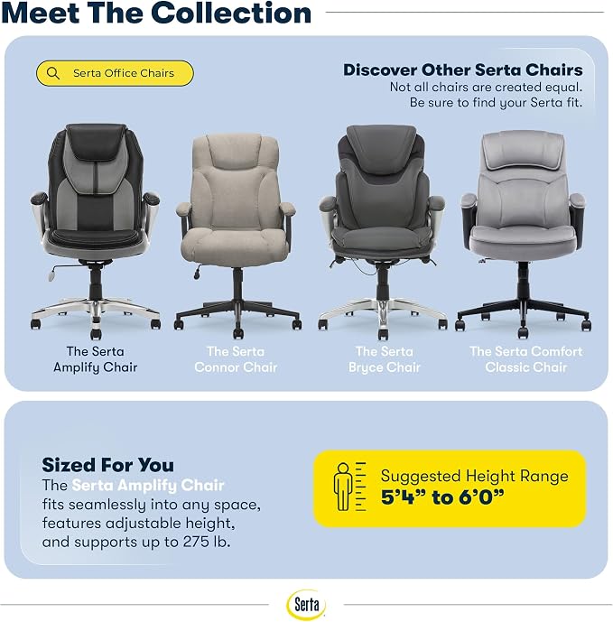 Serta Ergonomic Executive Office Chair, Padded Arms Mesh Back Leather Chair | Amplify, Contoured Lumbar Lower Back Support, Back Pain Relief, Adjustable Height & Tilt, Work From Home Desk Chair, Duo Gray - Image 10