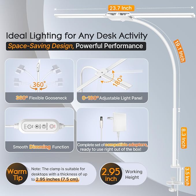 Syrinx LED Desk Lamp, Dual Head Desk Light with Clamp, Eye-Care Table Lamp | Flexible Gooseneck Task Light with Motion Sensor, Wired Control, 50 Lighting Modes, Timer & Memory Function for Home Office - Image 5