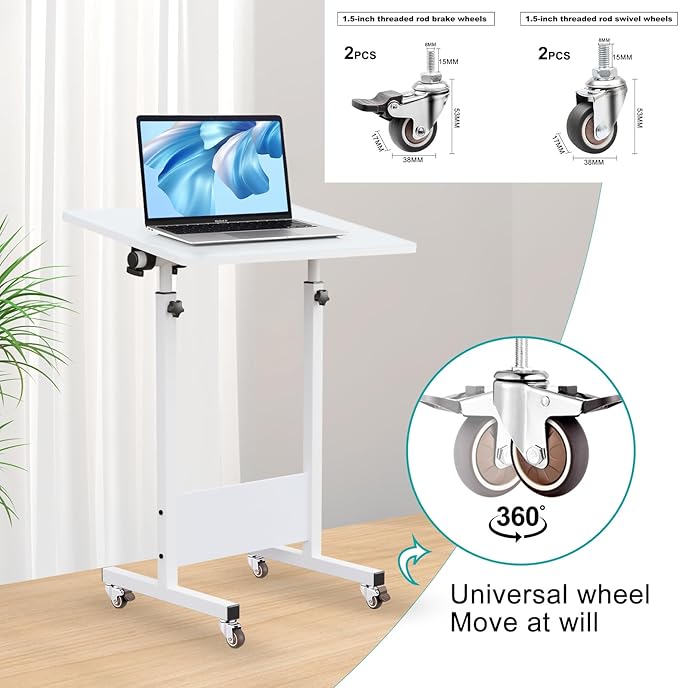 KOUPA 31 Inch Adjustable Height Flip Writable Standing Desk with Wheels | Writable Erasable Tempered Glass Desktop Mobile Desk With Eraser, for Home Office, Small Spaces, White, Height 32inch-47 inch - Image 5