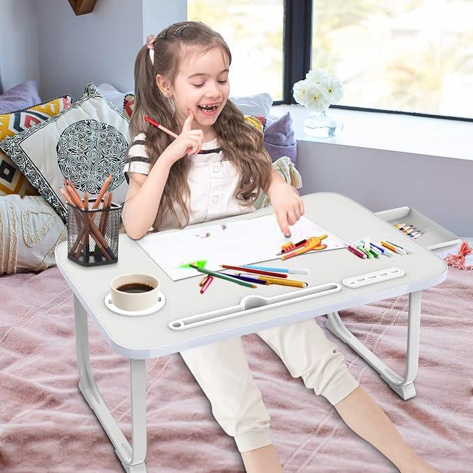 Fayquaze Laptop Bed Desk, Portable Foldable Lap Bed Table with USB Charge Port Storage Drawer and Cup Holder,Lap Desk Laptop Stand Tray Table Serving Tray for Eating, Reading and Working - Image 2