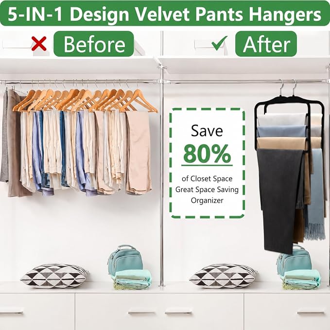 2 Pack Non-Slip Velvet Pants Hangers, Magic Space Saving Closet Organizers | Keeps Jeans, Slacks, Scarves, Belts, and Towels Neatly Stored, Dorm Room Essentials For Apartments, Wardrobes, Small Rooms - Image 2