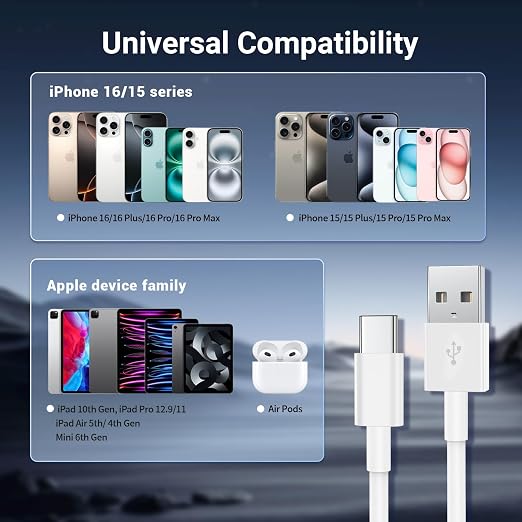Car Carplay Cable for iPhone 17 16 15 Pro Max Plus,2Pack [3.3FT+6FT] Apple USB A to USB C Cable for iPhone 17 16 15 Pro Max/Pro/Air/Plus Car Charger Cord Fast Charging for iPad Pro 13/12.9/11 - Image 6