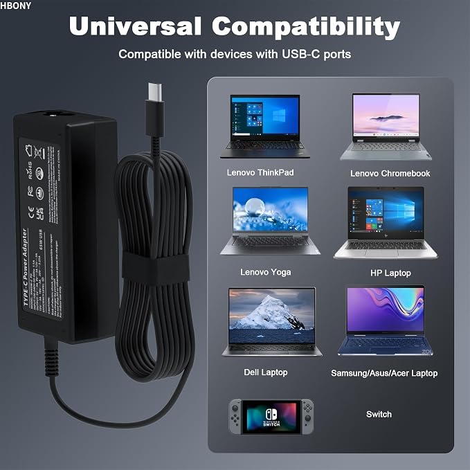 65W USB C Laptop Charger Compatible with Lenovo Thinkpad Laptop Charger | 65W USB C Charger T14 T14s X1 Think pad, Yoga Computer Charger 7i, 65 Watt Replacement Type C Chromebook Power Cord Adapter - Image 2