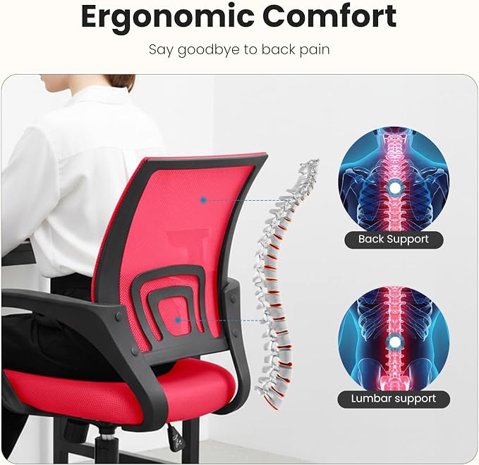 DUMOS Ergonomic Office Chair, Executive Desk Chair with Lumbar Support | Mid Back, Breathable Backrest, Fixed Armrest, Height Adjustable, 360° Swivel, Computer Gaming, Meeting, Red - Image 3