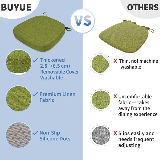 BUYUE Thickened 2.5" Dining Chair Cushions Set of 4, U-Shape High Density Foam Comfortable Chair Pads for Kitchen, Slip Resistant Indoor Seat Cushions (4 PCS, Grass Green) - Image 6