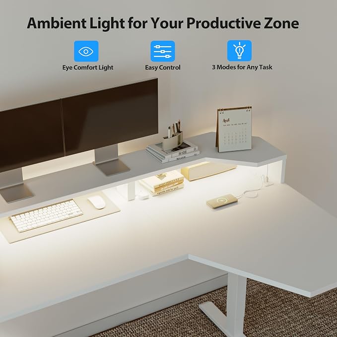 Agilestic 63*35 Inch L Shaped Standing Desk with Shelf & Led& Outlet, White | Outlets&Led, Monitor Shelf, L-shape Workspace, Sturdy Steel Frame, Memory Preset, Hooks, 154 lbs, Easy Assembly, Splice Board - Image 7