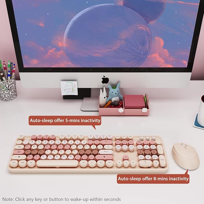 Cute Colorful Retro Typewriter Wireless Keyboard Mouse Combo | Retro Typewriter Keyboard with Round Keycaps, Full-Size Ergonomic, Ideal for Windows PC, Home, Office, - Image 4