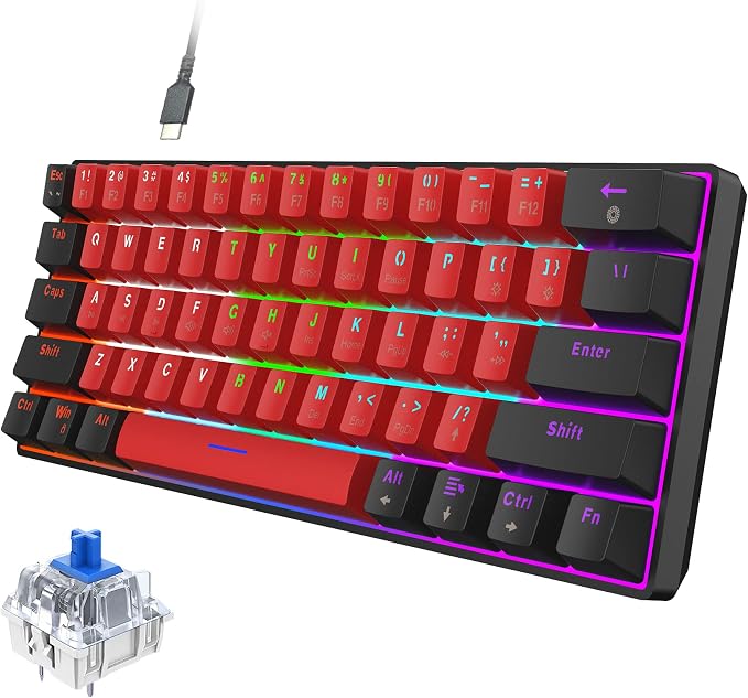 Snpurdiri 60% Wired Mechanical Gaming Keyboard (Black-Red, Blue Switches) | LED Backlit 60 Percent Gaming Keyboard for Windows Laptop PC Mac by Snpurdiri